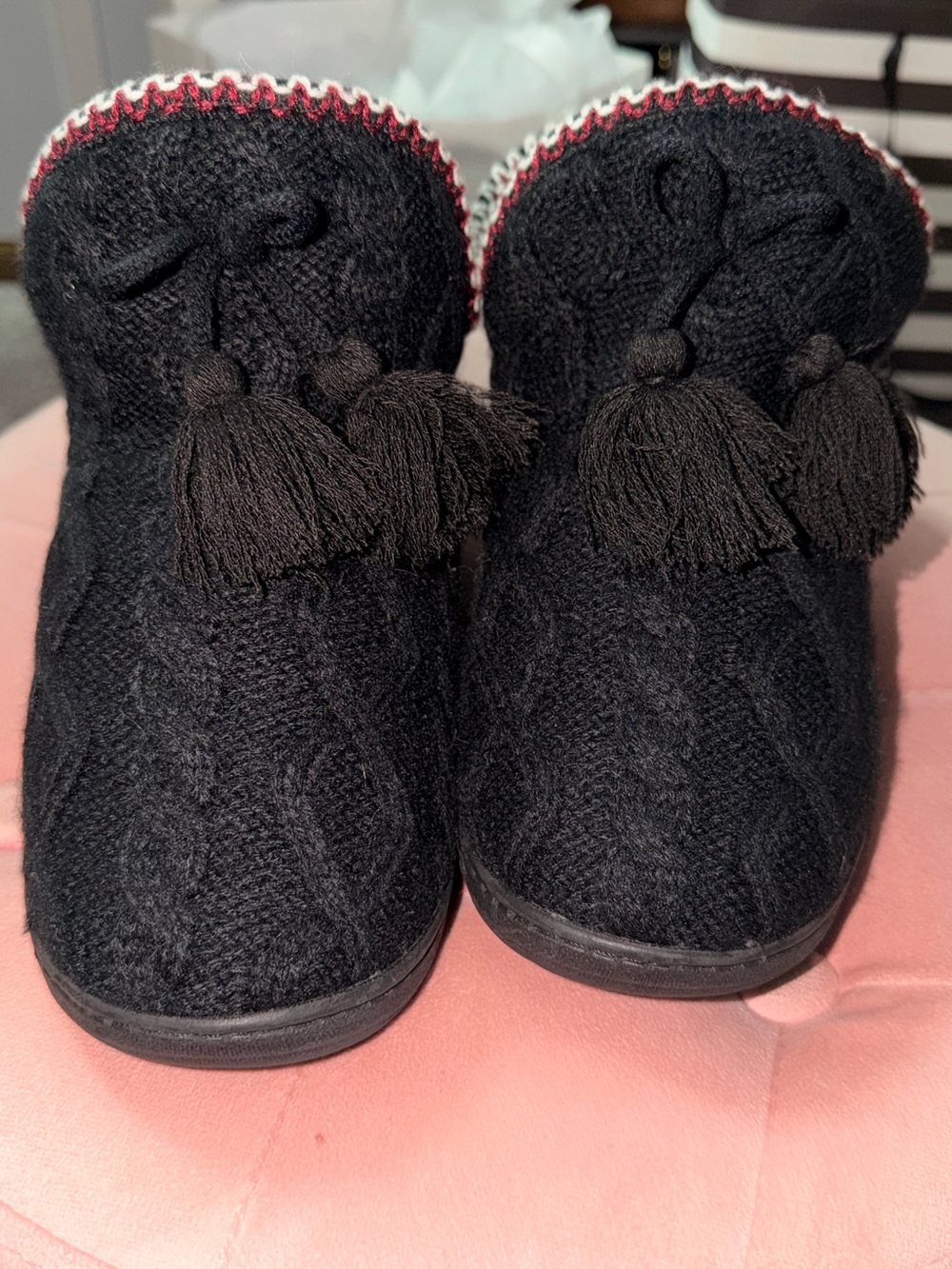 Women’s Black Knit Tassel Bootie Slippers